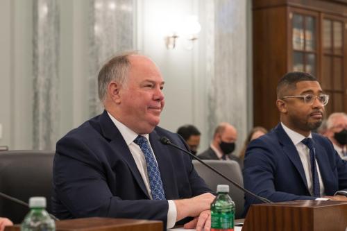 Max Vekich (left) testifying before the Senate Committee on Commerce, Science, and Transportation in support of his nomination to serve on the Federal Maritime Commission, Washington, DC, November 2021.  