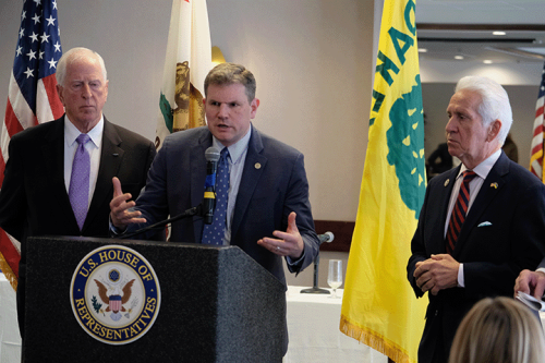Chairman Daniel Maffei (center) speaks to the press at the Port of Oakland, October 2022. He is joined by Congressman Mike Thompson (D-CA (left) and Jim Costa (D-CA (right).