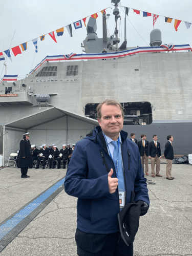 Commissioner Louis Sola at the Commissioning of the USS Indianapolis (LCS 17) Burns Harbor, IN, October 26, 2019.